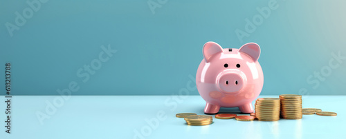 Pink pig piggy bank next to a stack of gold coins, isolated on blue background. Investment success, savings concept - Generative AI