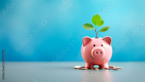 Fényképezés Smiling pink pig piggy bank, a stack of gold coins and a green plant growing, isolated on blue background