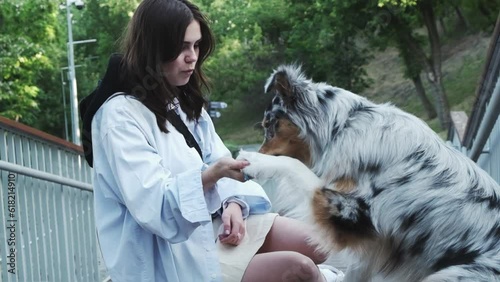 Young woman teaching her cute aussie dog 