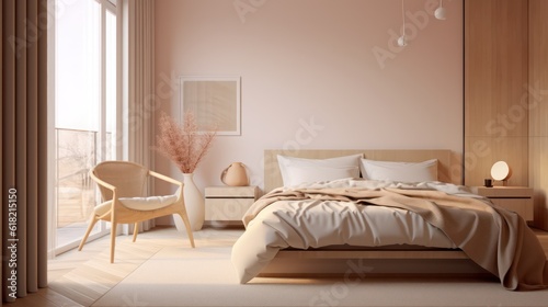 Bedroom interior. Beige tones design. 3d rendering