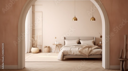 Bedroom interior.Beige tones design with arch wall.3d rendering