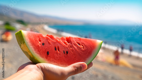 hand with piece of fresh watermelon on beach background, generative ai