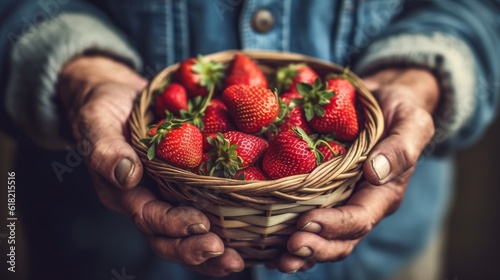 farmer hands with basket of strawberries in hands, generative ai photo
