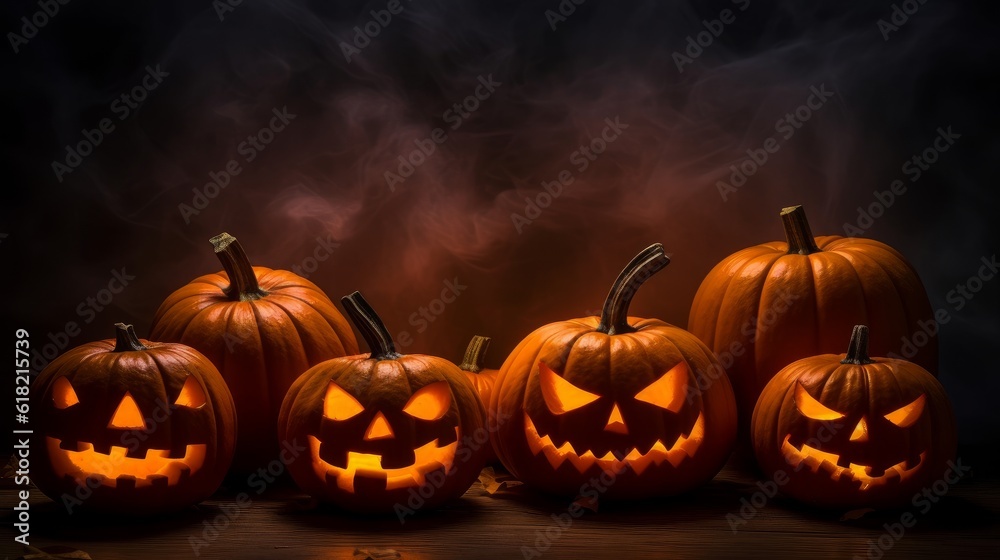 pumpkins on halloween on wooden table. halloween party concept. generative ai pumpkins on halloween on wooden table. halloween party concept. generative ai