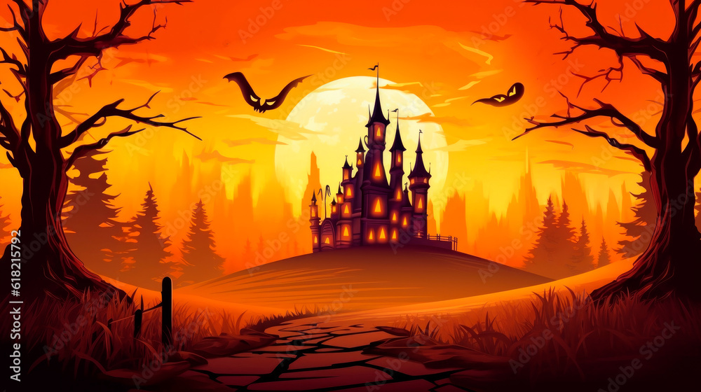 Happy Halloween. Halloween background with castle in forest, moon and bats. generative ai