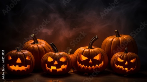 pumpkins on halloween on wooden table. halloween party concept. generative ai © tetxu