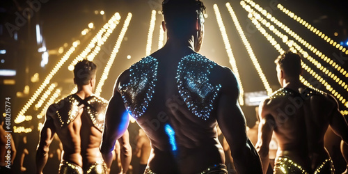 Unrecognizable muscular handsome men with a fantasy outfit of light in a disco club. Fashion model gogo dancer trendy lighting in a festival. Generative AI content. photo