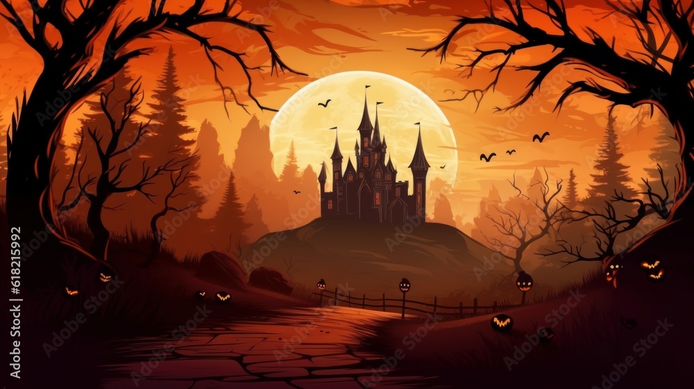 Vector illustration for Halloween. Night landscape with dark  abandoned black castle, full bright yellow moon and bats. generative ai