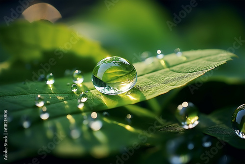 Beautiful water drops sparkle in sun on leaf in sunlight