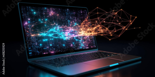An image of an open laptop screen and 3D business charts, holographic or space style and in dark colors. Generative AI