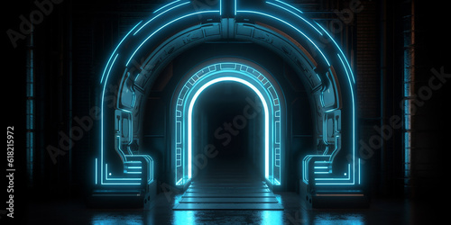 Glow in the dark blind arch on the wall, in the space style, and in the style of the hologram. Generative AI