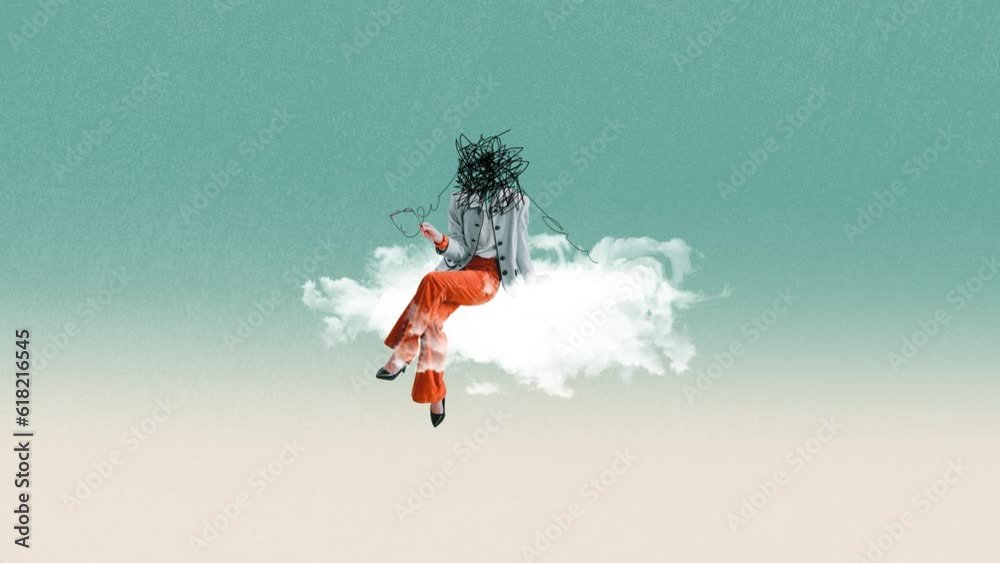 Creative design in retro style. Stop motion, animation. Woman sitting on fluffy cloud with tangled head. Conversation. Concept of surrealism, creativity, inspiration, imagination, psychology