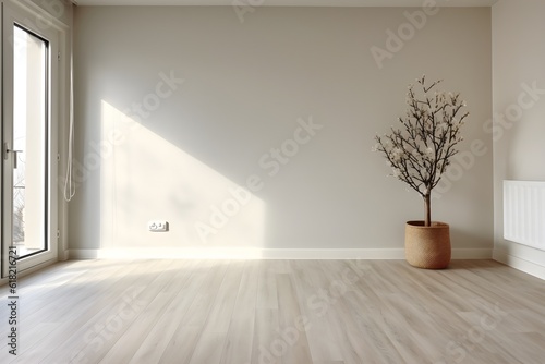 Interior design of spacious empty refurbished living room with whitewash walls laminated floor with white door. created generative ai