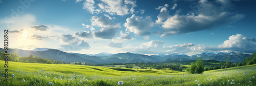 Beautiful panoramic natural landscape of a green field with grass against a blue sky with sun. Spring summer blurred background © © Ai Factory