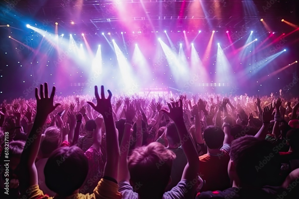 custom made wallpaper toronto digitalgroup of young people dancing and jumping to the beat of electronic music concert festival. Generative AI