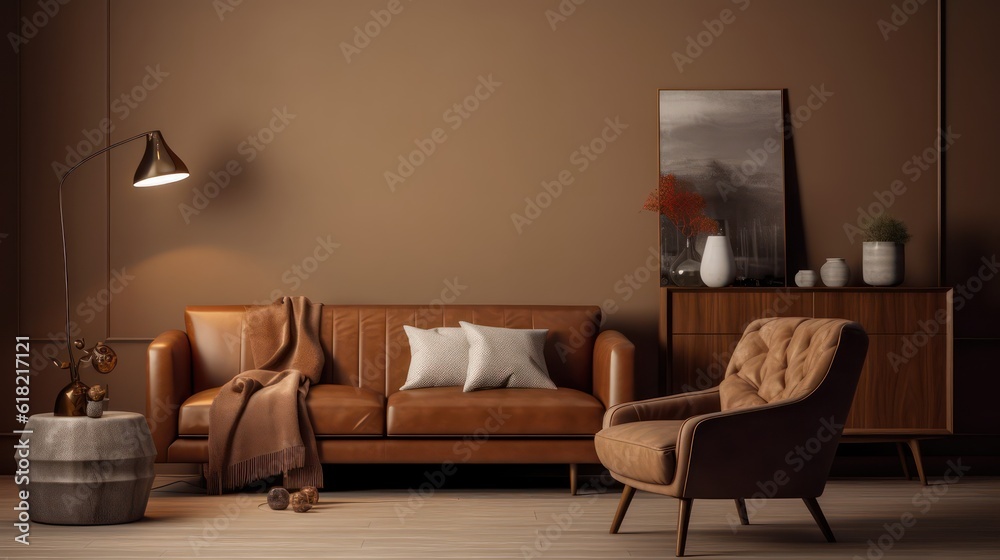 Brown living room with sofa,armchair,table and lamp.3d rendering Brown living room with sofa,armchair,table and lamp.3d rendering