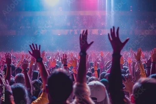 group of young people dancing and jumping to the beat of electronic music concert festival. Generative AI