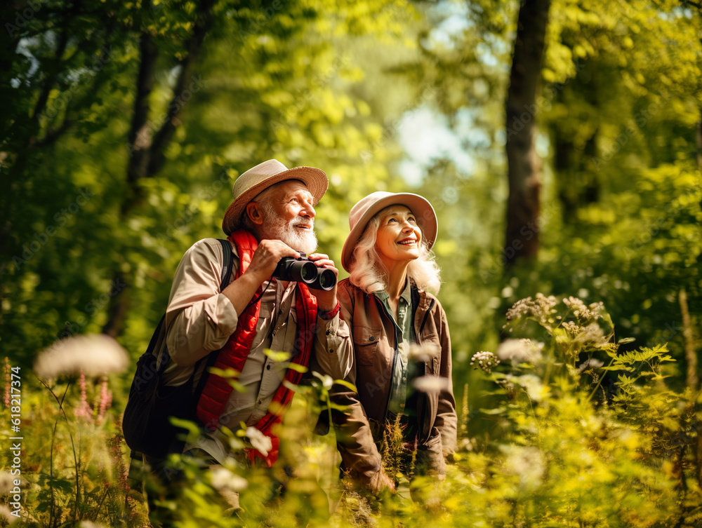 Senior Couple birdwatching In summer forest, AI generated
