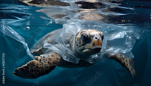 Cute sea turtle with a plastic bag on its body. Sea turtle swimming in the sea. Generative AI
