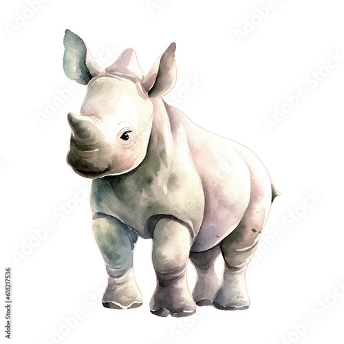 Cartoon rhinoceros watercolor for print design. Isolated graphic template.