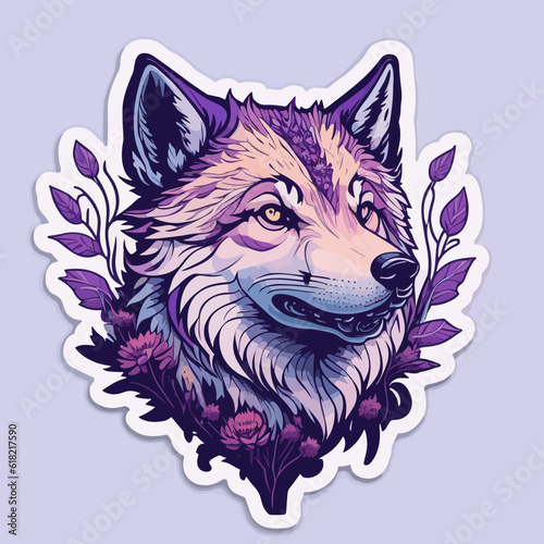 Cute wolf with purple flowers. vector illustration for t shirt design, banner, poster, sticker