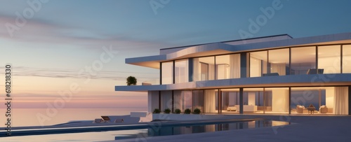 Front view of modern architecture with sea view background.3d rendering © Eli Berr
