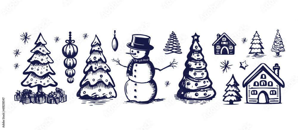 Christmas set in sketch style. Hand-drawn illustrations, line drawing black on white background