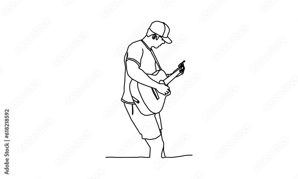 Line art drawing of a male chilling playing guitar illustration design Line art drawing of a male chilling playing guitar illustration design