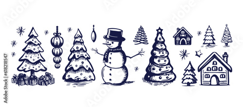 Christmas set in sketch style. Hand-drawn illustrations, line drawing black on white background