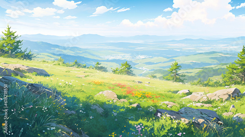 landscape countryside cartoon scene background. view from the top of mountain overlooking the meadows below. generative AI