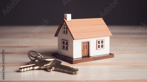 House key and house model on wooden floor.Concept for real estate,property,agent.3d rendering