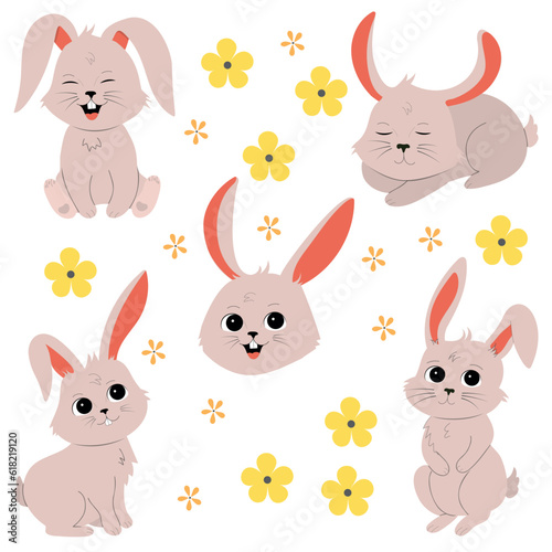 Cute little rabbit illustration set. Bunny in different poses. Vector illustration