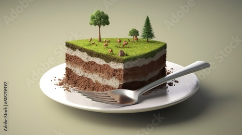 Foto Land piece of cake with fork and plate