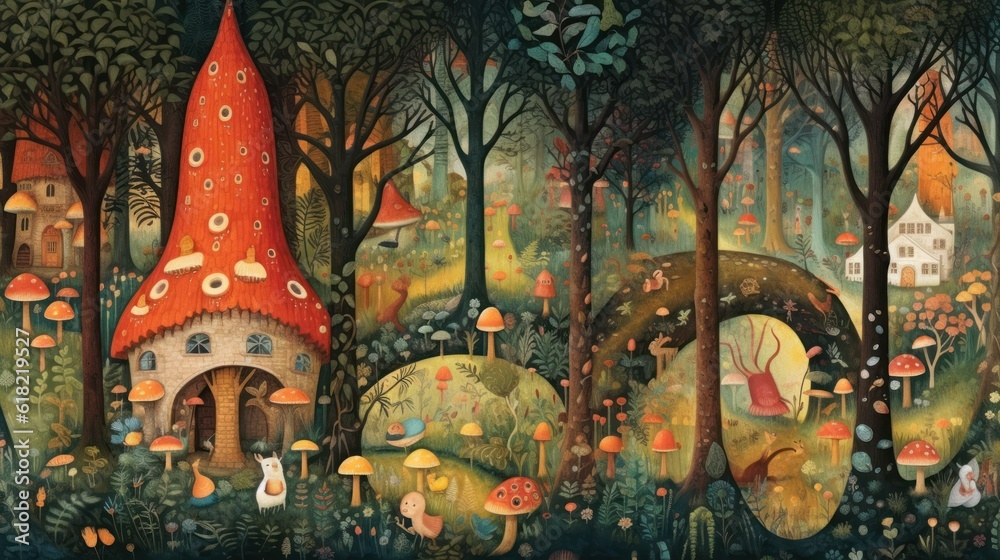 Obraz premium Depict a whimsical forest filled with enchanted trees, talking animals, and hidden magical beings