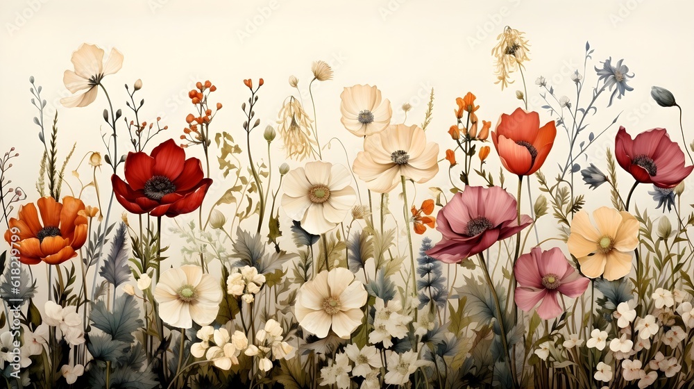 A vintage-inspired botanical illustration of a variety of wildflowers, with intricate details and soft, muted tones. (Generative AI)