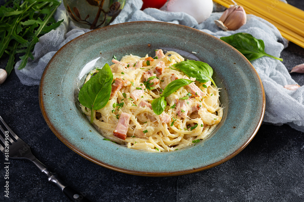 Pasta carbonara. Spaghetti with cheese, bacon, egg and cream sauce. Traditional italian cuisine