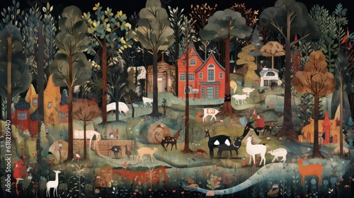 Depict a whimsical forest filled with enchanted trees, talking animals, and hidden magical beings