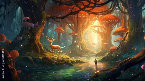 Depict a whimsical forest filled with enchanted trees  talking animals  and hidden magical beings