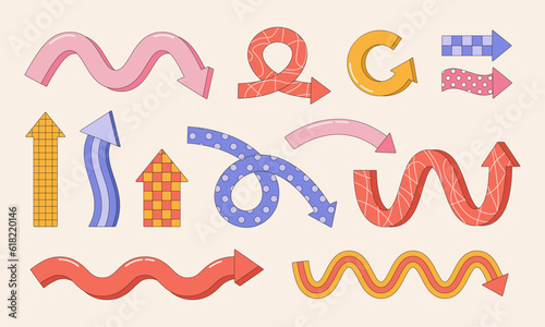 Collection of different abstract playful arrow pointers. Dynamic groovy cartoon arrow signs. Vector illustration