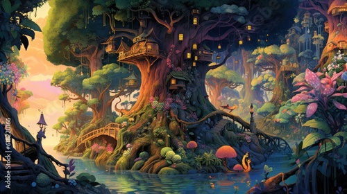 Depict a whimsical forest filled with enchanted trees, talking animals, and hidden magical beings © Damian Sobczyk