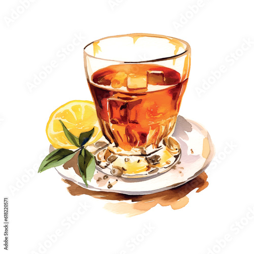 Cold tea lemon summer watercolor in retro style on white background. Natural background.