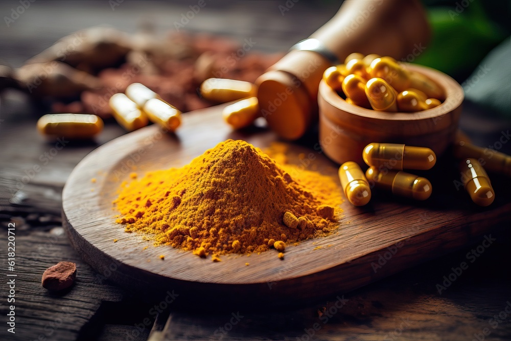 Generative AI Alternative medicine, antioxidant food, and herbal remedy concept theme with close up on supplement pill of curcumin or turmeric. - obrazy, fototapety, plakaty 