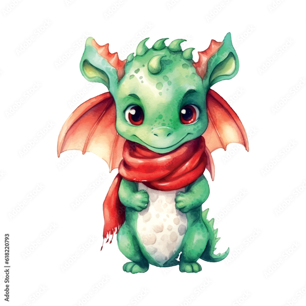 Cute green dragon in a christmas sweater watercolor, great design for any purposes. New Year 2024 Cute green dragon in a christmas sweater watercolor, great design for any purposes. New Year 2024