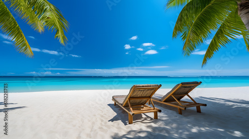 Beautiful beach at Maldives with two deckchairs and palm trees