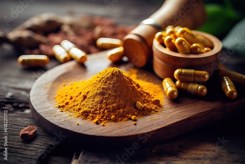 Generative AI Alternative medicine, antioxidant food, and herbal remedy concept theme with close up on supplement pill of curcumin or turmeric.