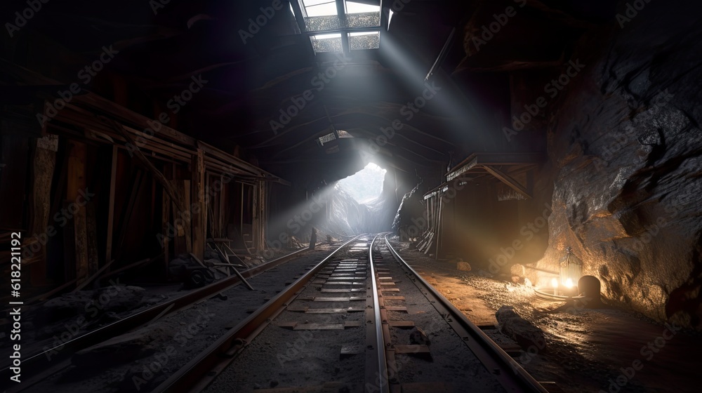 Naklejka premium Old abandoned coal mine, generative AI industrial object with rails, dark, illuminated with daylight