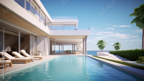 Luxury beach house with swimming pool,sun lougers and sea view in modern style.Concept for vacation real estate and property.3d rendering © Eli Berr