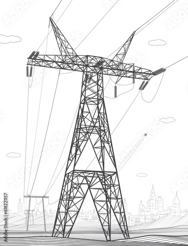 High voltage transmission systems. Electric pole. Power lines. A network of interconnected electrical. Energy pylons. City electricity infrastructure. Gray otlines on white background. Vector design