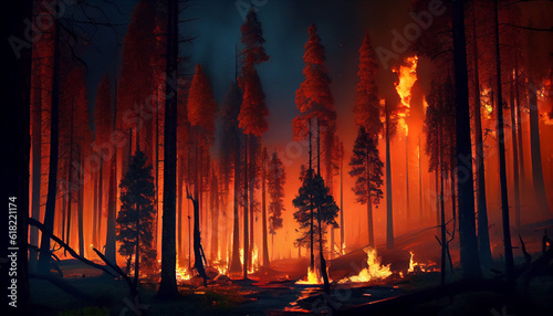 Forest fire many acres of pine trees burn down Ai generated image