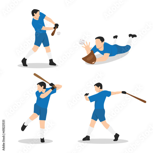 Set of baseball players isolated. Man with bat and glove athlete.